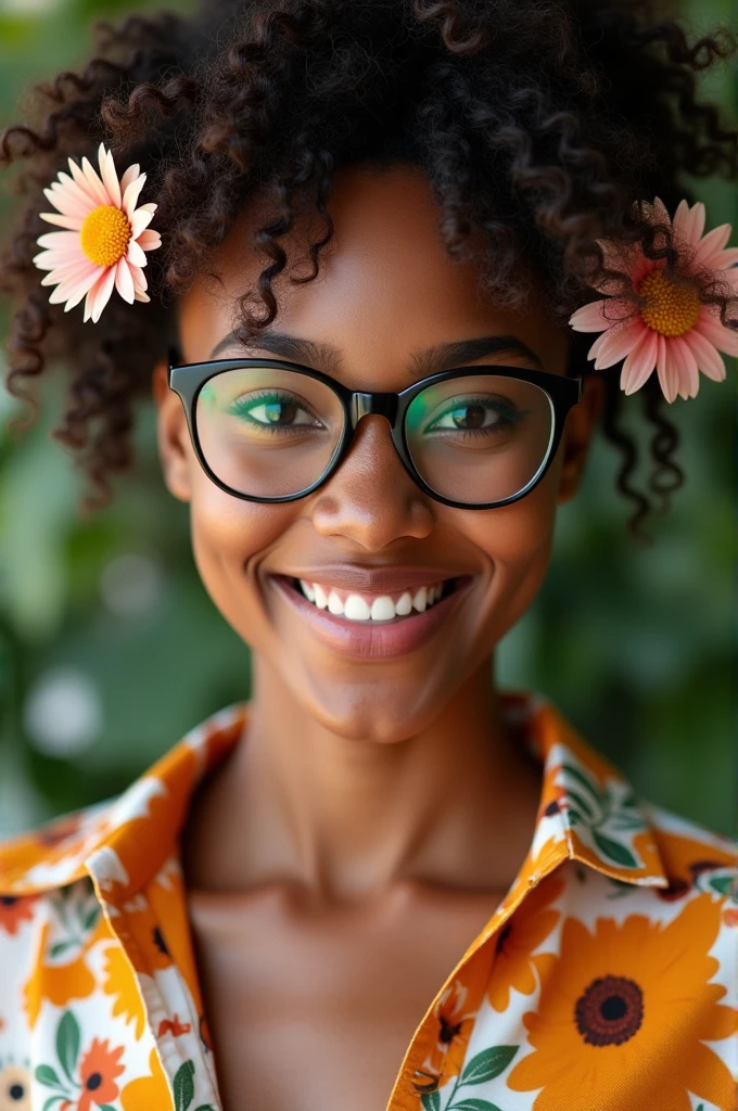 A black Brazilian woman in Google's sales office, wearing an open shirt with a floral print, wearing prescription glasses and with a close-up capturing the harmonious beauty of her gaze and the natural flowers, showing off your natural charm and outgoing personality