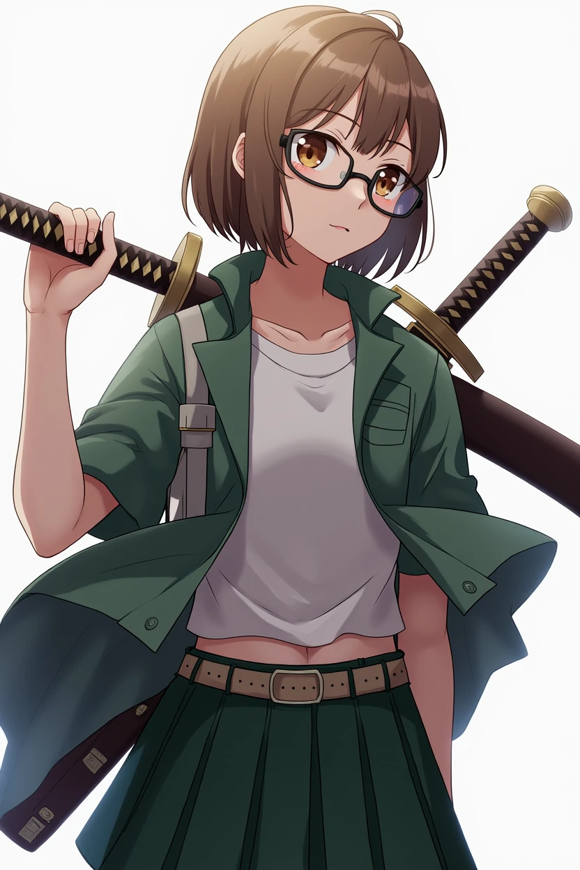 adolescent, women, Brown hair, brown eyes, short hair, glasses, green skirt, white t-shirt, green and light blue, with a sword on his back, bandages on his stomach, handkerchief tied around her arm, anime, 4k, White background