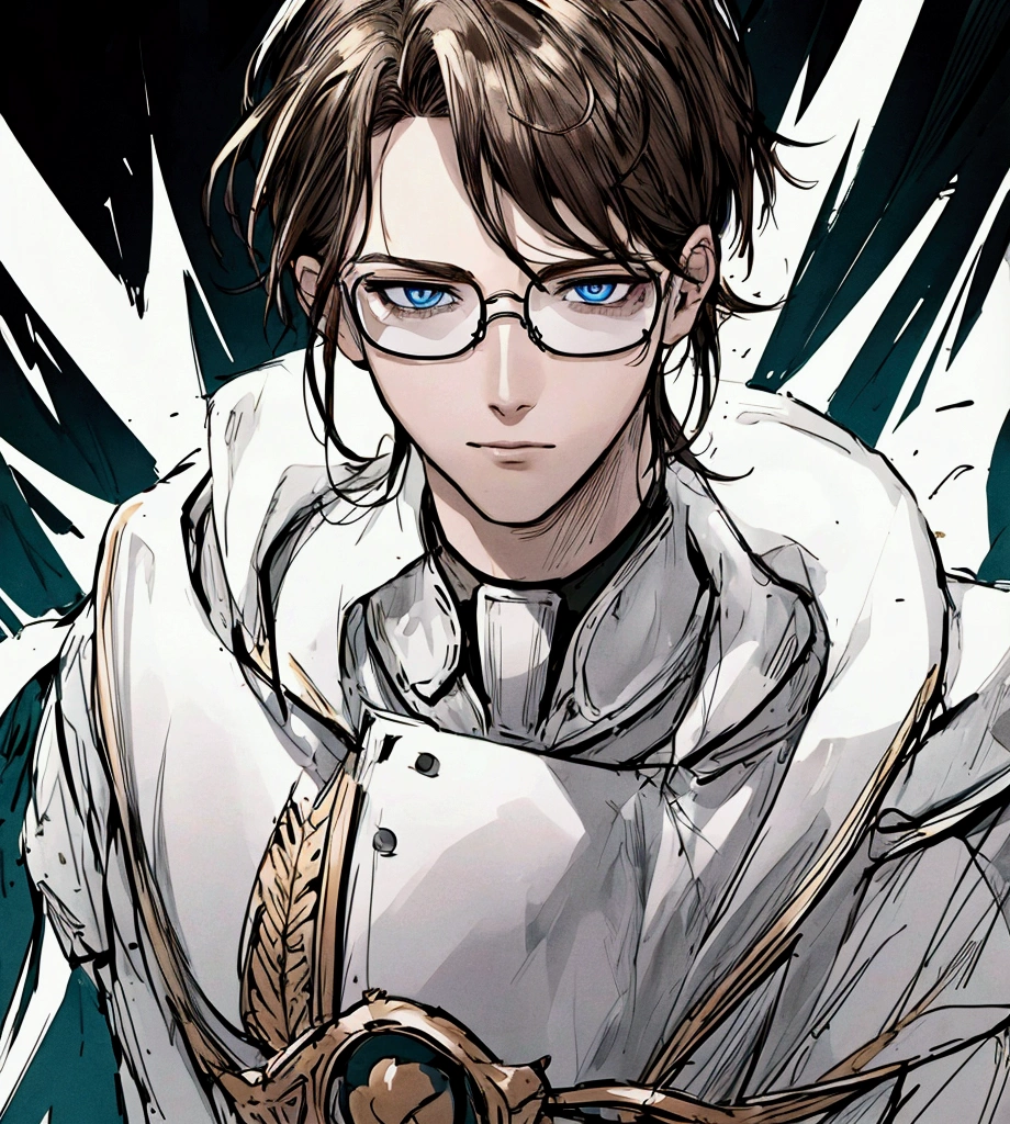 ((Artwork, 8K, beautiful lighting)), 1 man, brown mullet hair, wearing white technological glasses with blue eyes, white astran outfit, symbol on the chest number 0-1.