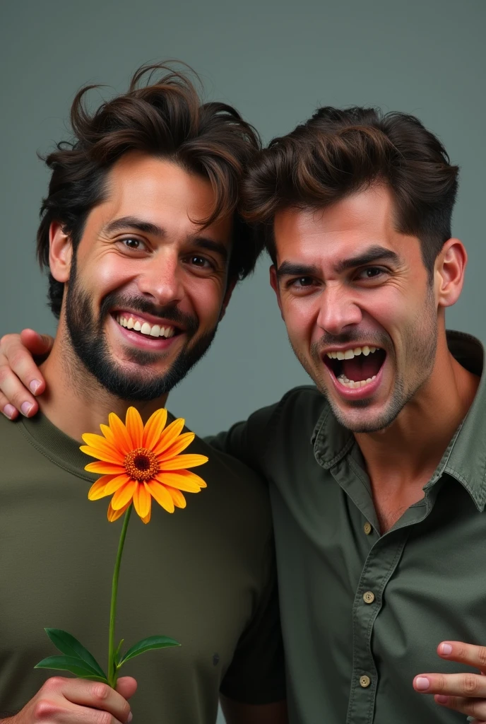 Two men together, one happy posing with a flower and the other angry