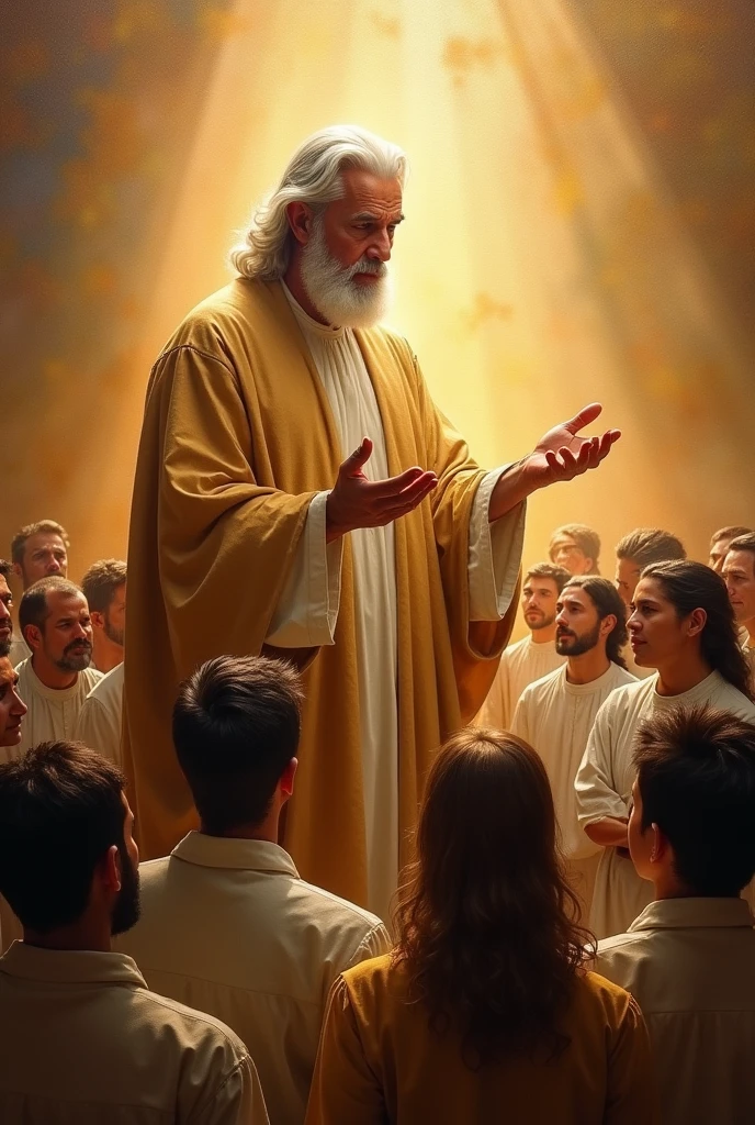 (Spiritually enlightened pastor, His presence radiates wisdom and tranquility as he imparts spiritual teachings to eager listeners.. This serene scene is captured in a beautifully detailed oil painting, showing the gentle demeanor of the pastor and the captivated expressions of his followers. The warm, earthy tones of the background enhance the peaceful atmosphere, while the intricate brushstrokes add depth and texture to the image. In general, This exquisite work of art exudes a sense of divine grace and enlightenment, inviting viewers to immerse themselves in the calming aura of spiritual guidance.
