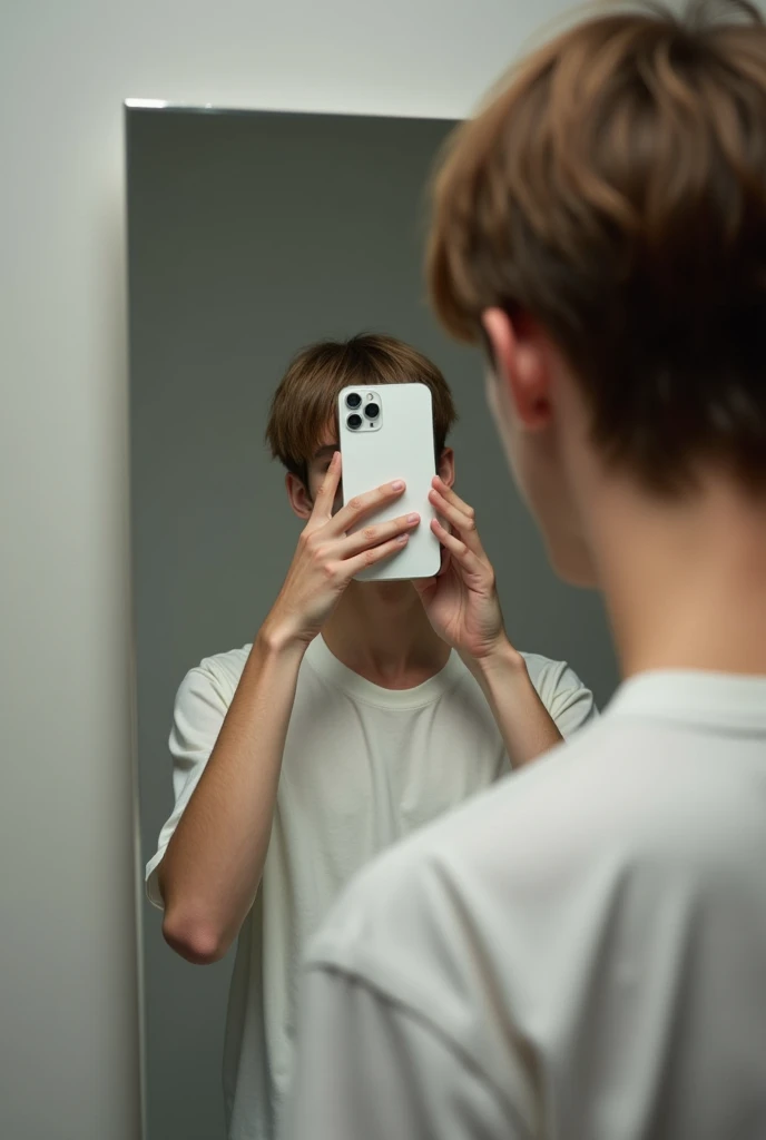 Photograph in front of the mirror of a 22-year-old white-skinned young man, delgado, face in front of mirror covering face with white iPhone 10 in casual clothes in neutral room with brown hair, straight , nothing wavy