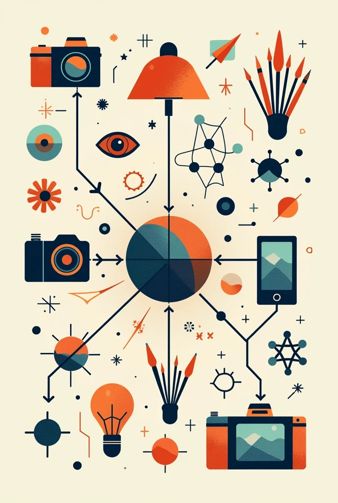 Create a visual composition that combines technological symbols (like a camera or a lamp) with artistic elements (like a color palette and brushes) and scientific symbols (formulas or atoms), connected by arrows to show the interaction between these fields, without changing the fundamental paradigms.