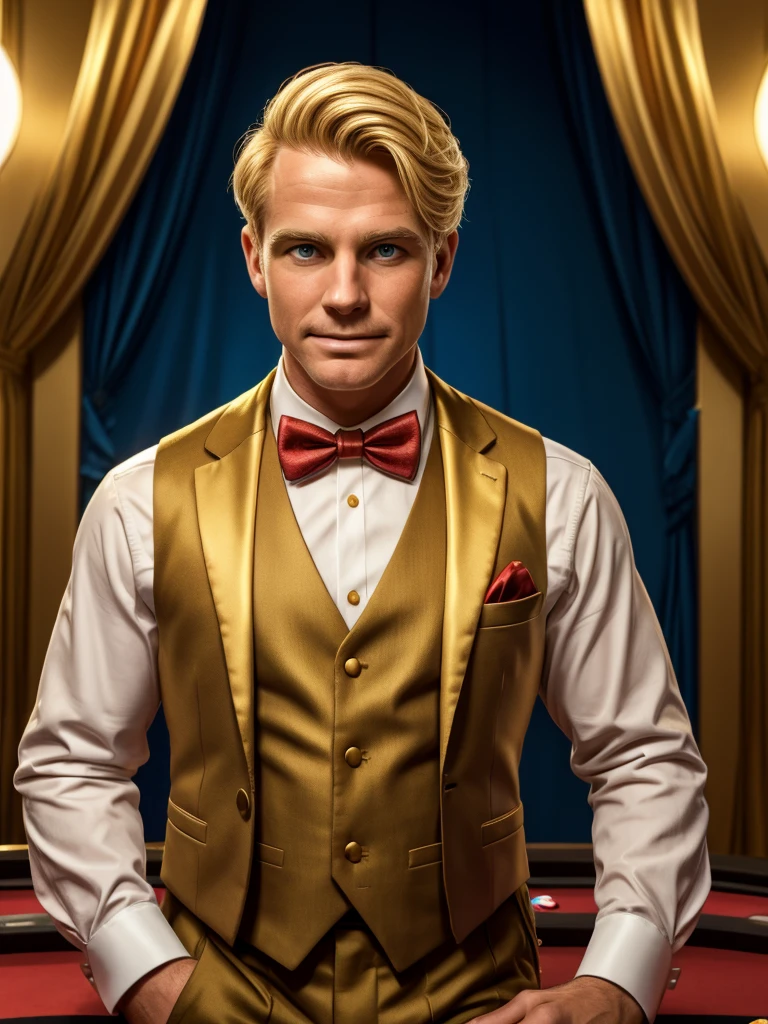 Portrait of father,Casino,a blond,The whole body is golden,golden skin,dealer,Sense of cleanliness,wearing a vest,Wearing long sleeves,Wear a bow tie,Facing this way,Mouth is open