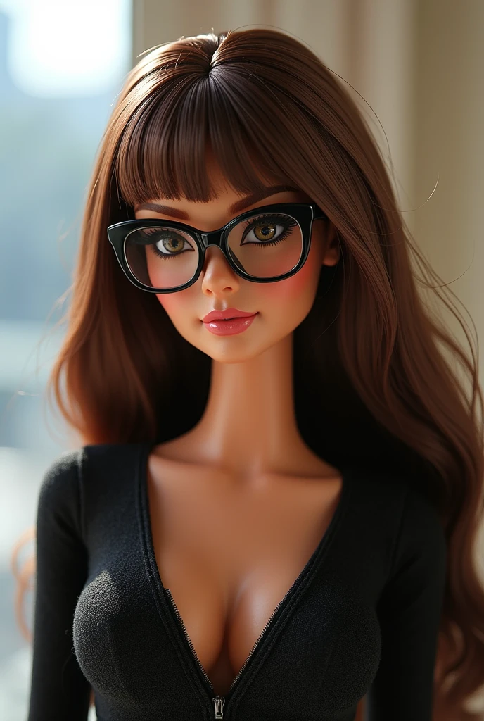 Make a Barbie with brown hair and bangs and a beauty mark above her mouth and glasses