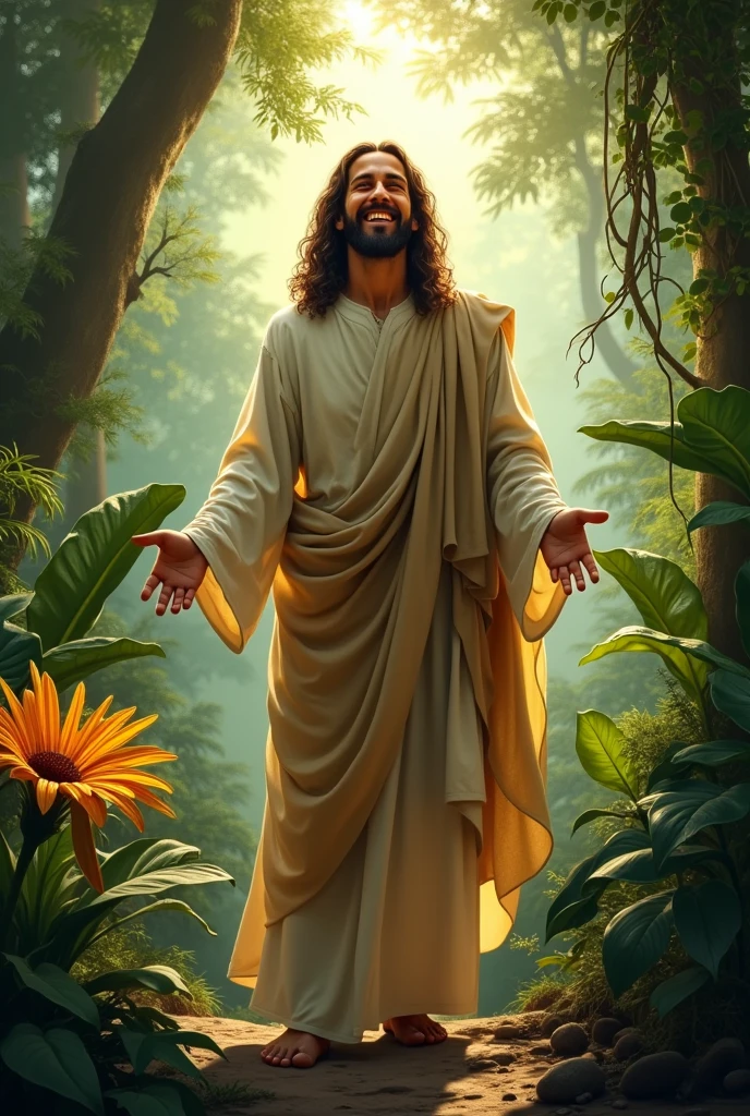 Jesus Christ smiling in the jungle
