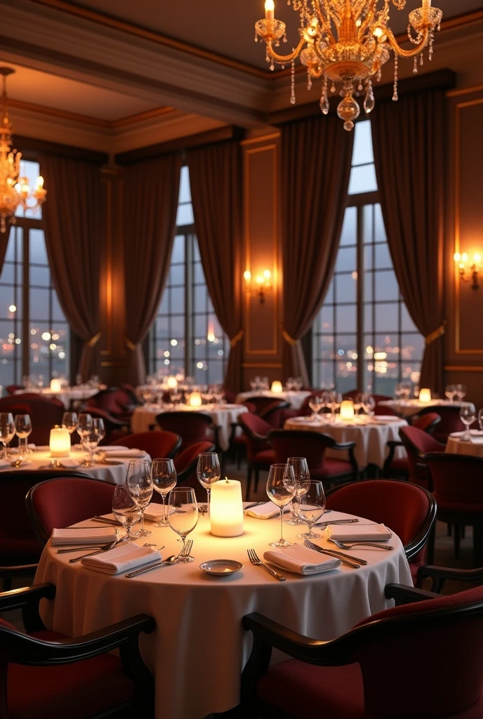 "An elegant, high-end restaurant with an ambiance of timeless sophistication. The dining area is spacious, with round tables draped in crisp white linens, each set with fine china, sparkling glassware, and polished silverware. Soft, ambient lighting from chandeliers and wall sconces creates a warm, intimate atmosphere, perfect for a romantic evening or a special occasion. The walls are a deep, rich color, adorned with tasteful artwork and large mirrors that reflect the soft glow of the candles placed on each table. In the background, soft jazz music plays, adding to the refined atmosphere. The large windows are dressed with heavy drapes that frame a view of the city lights twinkling outside. The air is filled with the rich aromas of gourmet dishes being expertly prepared in the kitchen."