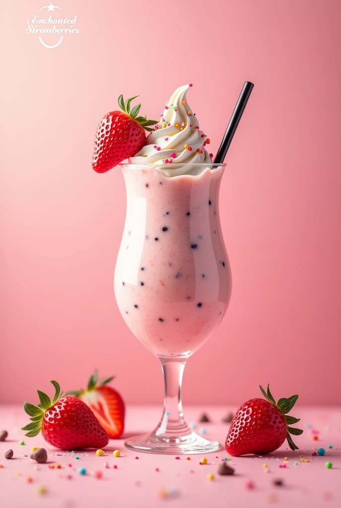 Pink background with strawberries and cream in a glass with chocolate chips and colored sprinkles and a logo that says enchanted strawberries
