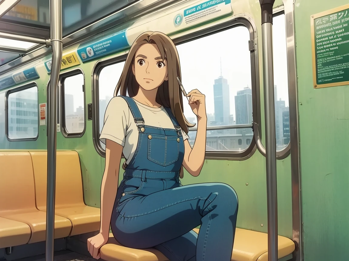 A subway car with people sitting on chairs, in which a woman with long brown hair works on a bicycle and wears denim overalls with a top and a shirt. in the background the city through the subway windows