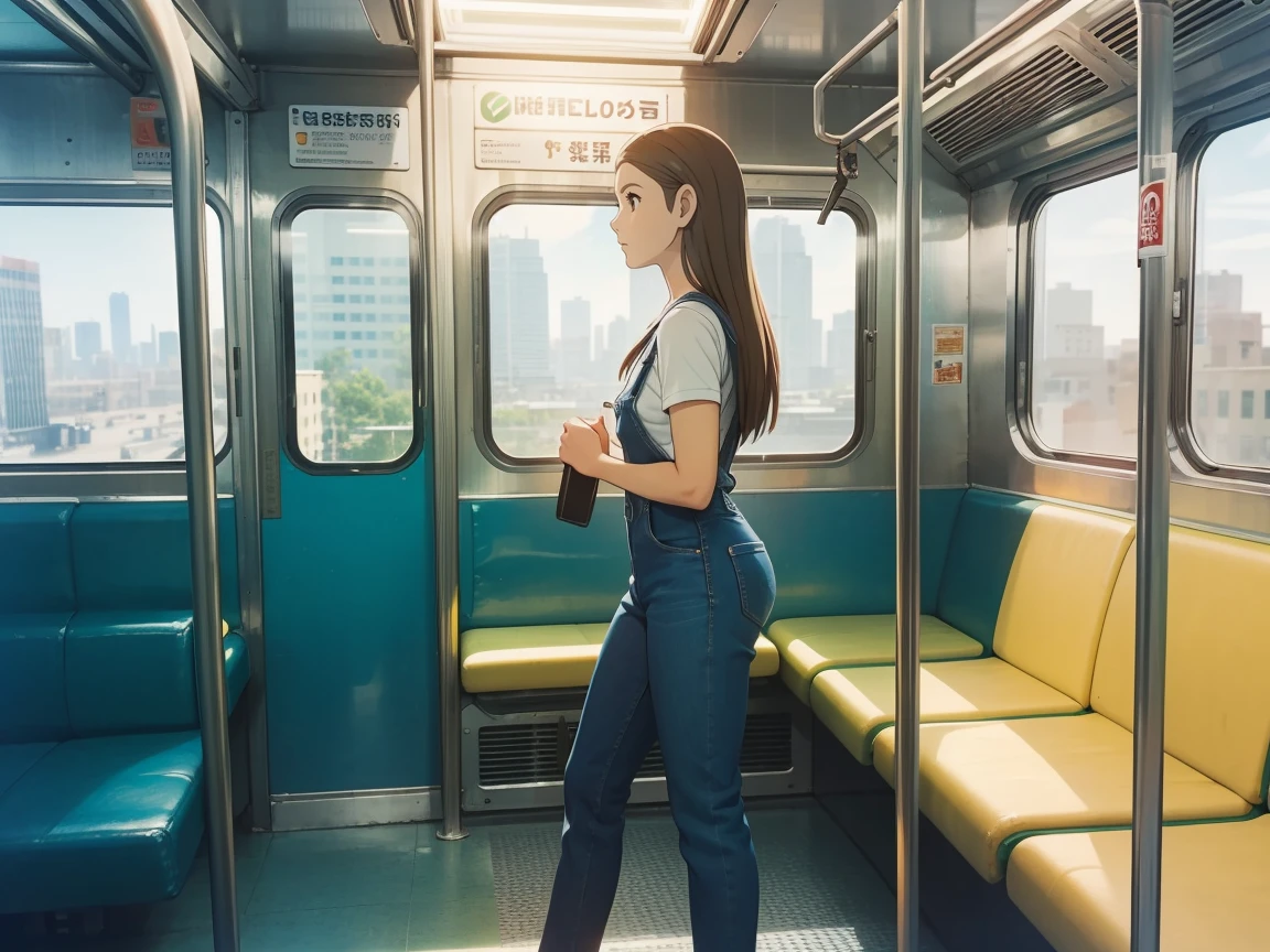 A subway car with people sitting on chairs, in which a woman with long brown hair works on a bicycle and wears denim overalls with a top and a shirt. in the background the city through the subway windows