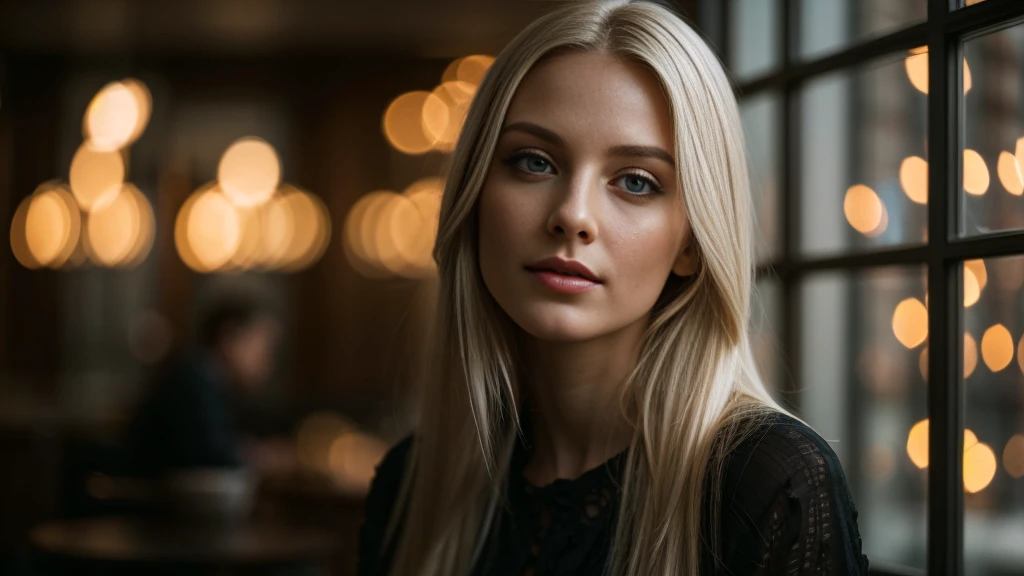 Portrait of an adult woman, aged between 30 and 35, with a striking and enigmatic beauty. She should have fair, almost pale skin, with a slight blush on her cheeks, and bright, expressive blue eyes that convey joy and friendliness. Her face should display a soft, friendly smile, creating a welcoming atmosphere. Her lips should be pink and slightly defined. Long, straight, platinum blonde hair. She is wearing a black blouse, made of fine, elegant fabric, contrasting with her hair and pale skin. The natural lighting comes from the side, creating a soft effect and highlighting the texture of her skin and the sparkle in her eyes. The environment is internal and spacious, suggesting a restaurant and featuring a large pane of glass on the side that overlooks the outside. The background should be slightly blurred, with warm-toned decoration, blurred lights and bokeh effects that add a touch of magic to the scene. Center the woman in the image, with the composition following the rule of thirds, highlighting her face and eyes. The photograph should capture extreme detail, with high-quality rendering in 8k, maintaining the serene and enigmatic atmosphere. High quality photography, 8k rendering, extreme detail, realistic portrait, introspective atmosphere, bokeh, soft and diffused lighting, natural light.