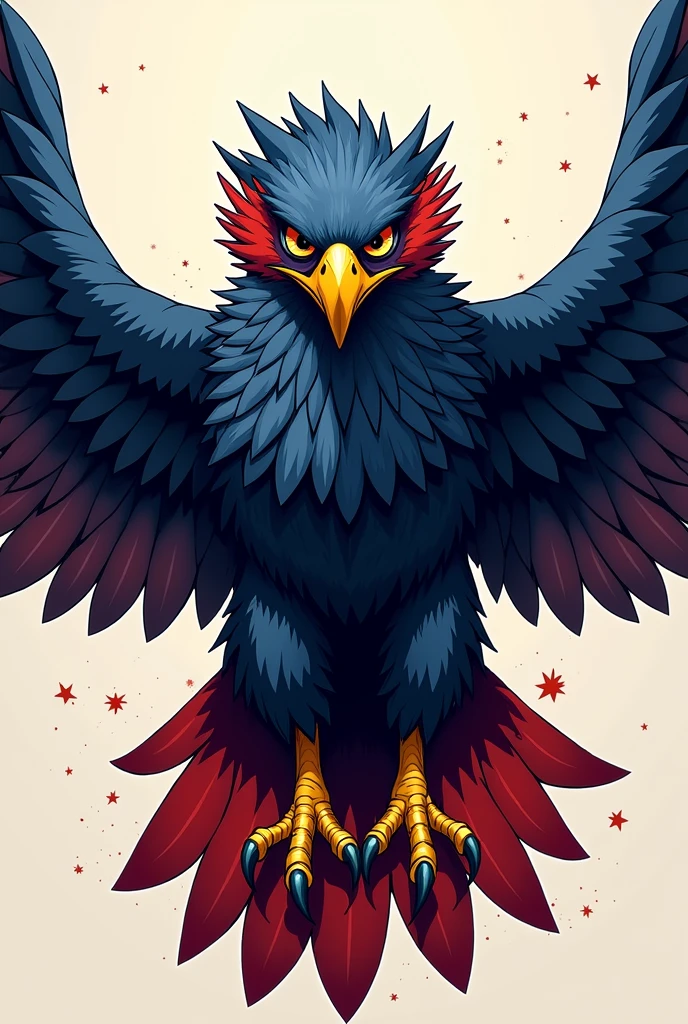 Front view of a harpy eagle with navy blue tones, red, and yellow anime style