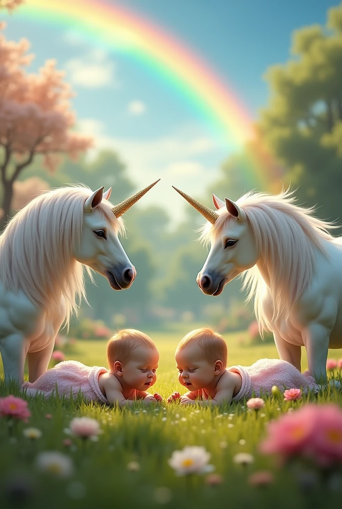 Two twin  lying on their stomachs in the grass surrounded by unicorns, the glittering horns and the head leaning forward on the baby g with a magical landscape in the background : trees and rainbow 