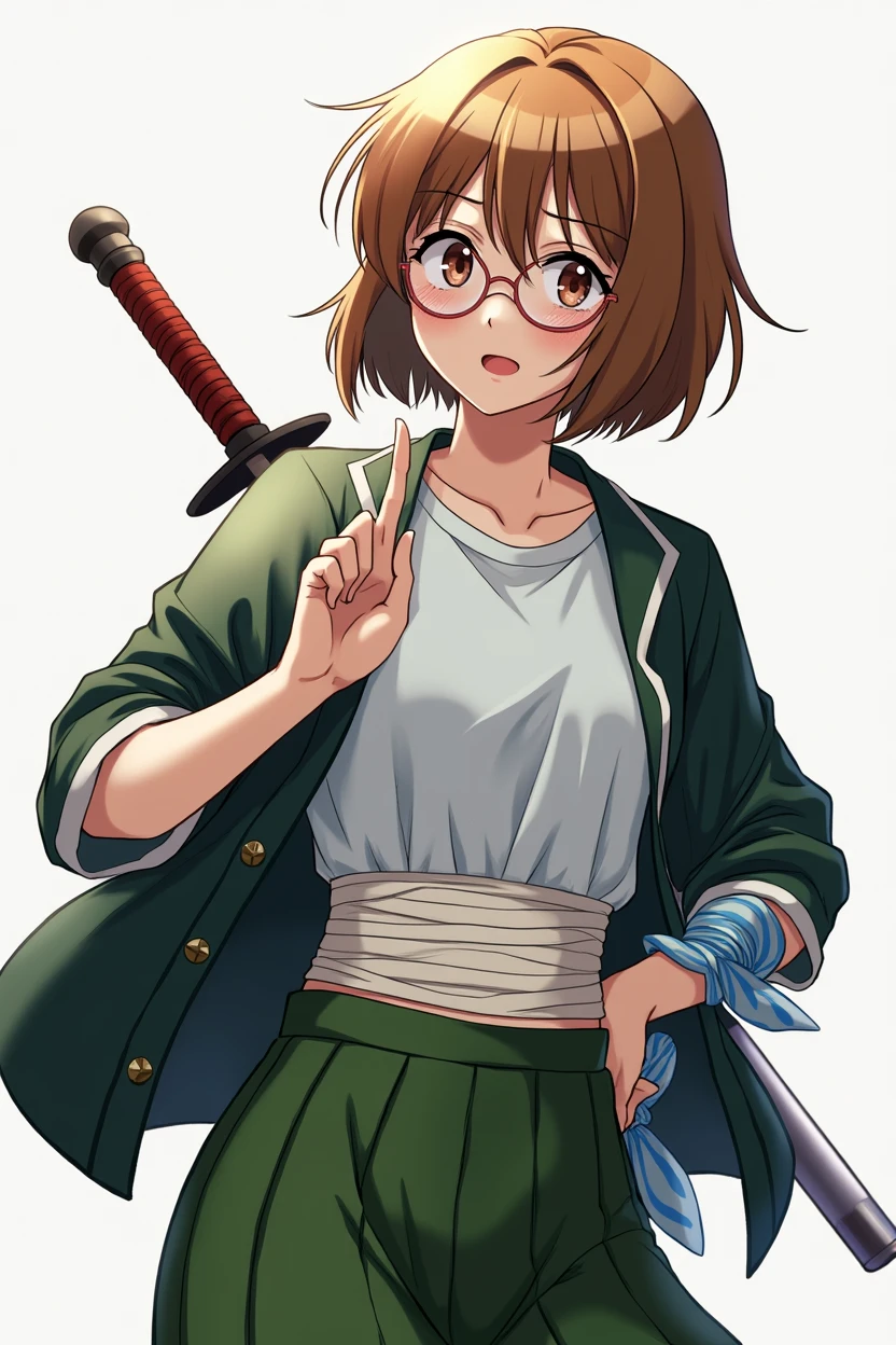 adolescent, women, Brown hair, brown eyes, short hair, glasses, green skirt, white t-shirt, green and light blue, with a sword on his back, bandages on his stomach, handkerchief tied around her arm, anime, 4k, White background