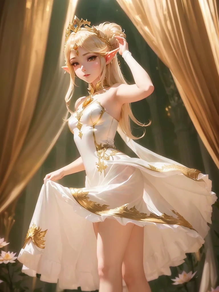 Arafed image of a woman in a white dress and a golden crown., anime goddess, Beautiful and elegant elf queen, a stunning young ethereal figure, elegant and glamorous cosplay, royal elegant pose, a beautiful fantasy empress, golden lotus princess, cosplay chica anime, Stylish cinematic pose, loli in dress, beautiful elf princess, Seductive elf princess knight