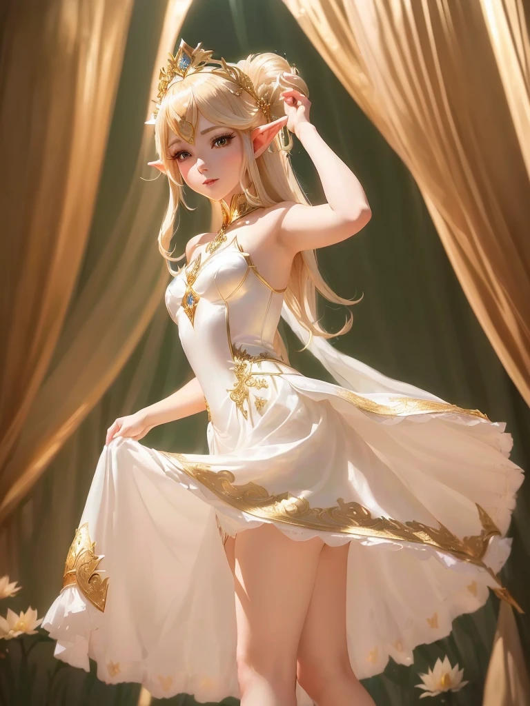 Arafed image of a woman in a white dress and a golden crown., anime goddess, Beautiful and elegant elf queen, a stunning young ethereal figure, elegant and glamorous cosplay, royal elegant pose, a beautiful fantasy empress, golden lotus princess, cosplay chica anime, Stylish cinematic pose, loli in dress, beautiful elf princess, Seductive elf princess knight