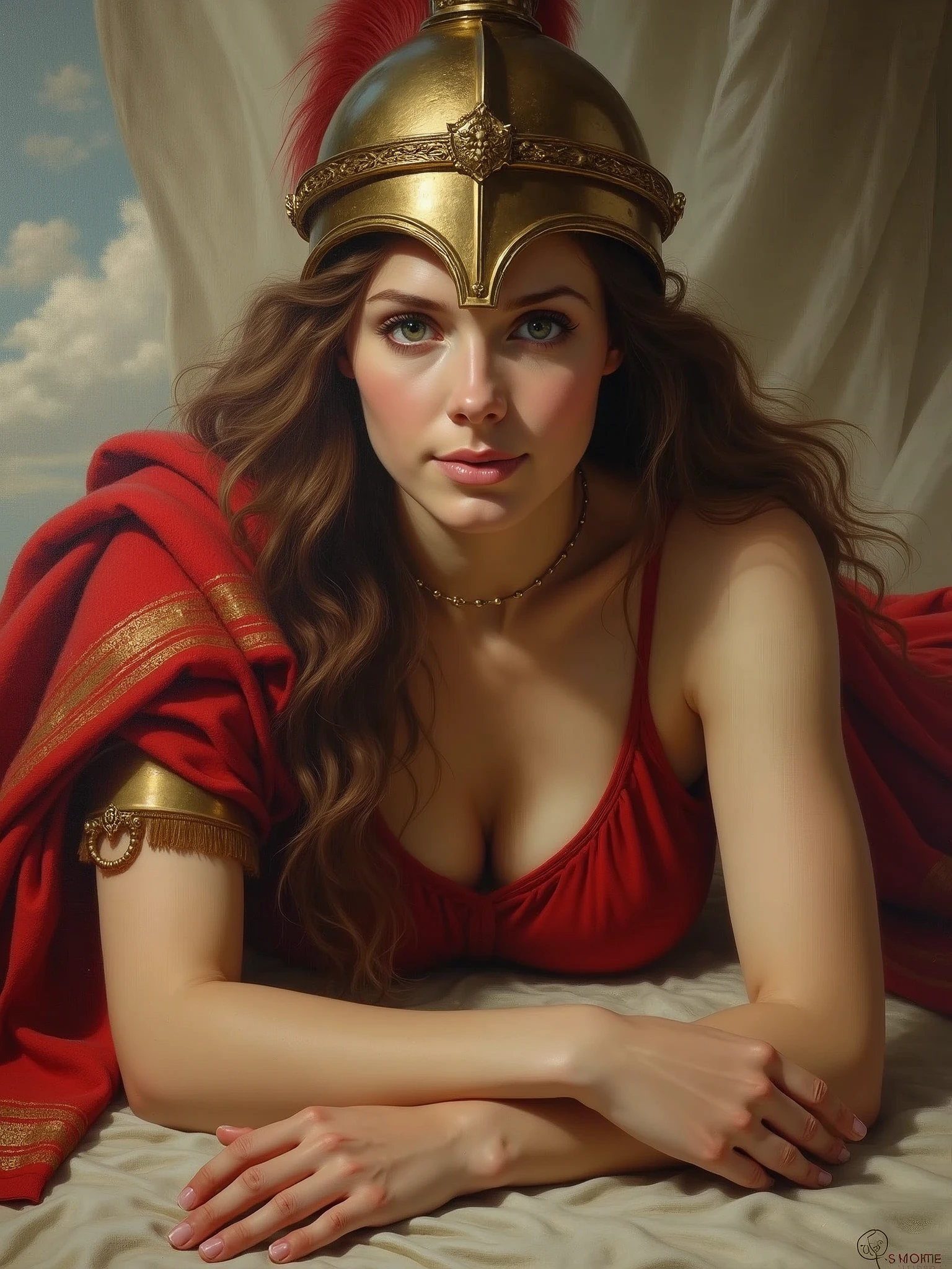 classic painting of the warrior goddess Athena, a divine woman with brown hair and gray eyes, her face exuding nobility. She is wearing red armor and a Greek helmet, lying face down in angel pose and barefoot. Her barefeet appearing.