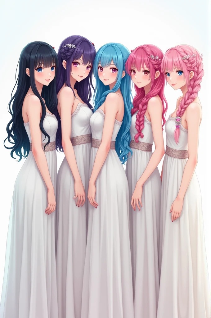 a group of five Japanese girls with different colors hair and white dress, white background