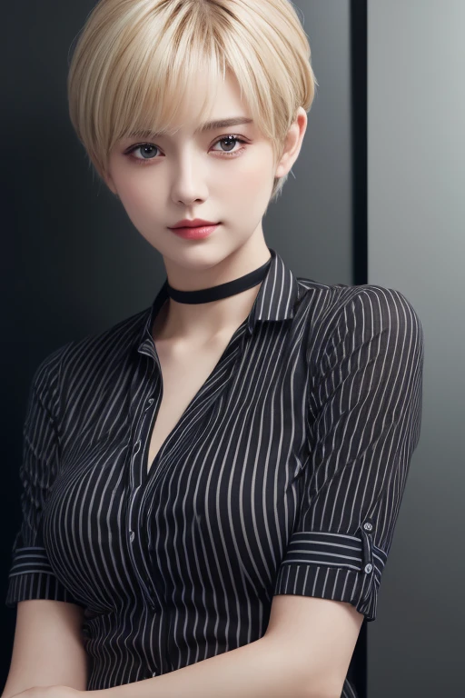 (Highest quality、4K、8k、High resolution、masterpiece:1.2)、Very detailed、(Genuine、Realistic、Realistic:1.3)、blonde、Pixie Cut、Black choker、Soft, widely spaced breasts、Striped shirt、Full body photography