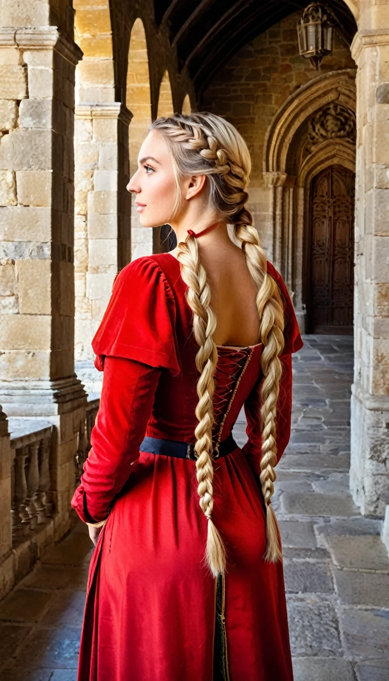 A blonde woman in medieval red dress with hair braided into two French braids standing in a grand castle with tall, stone walls and tapestries.