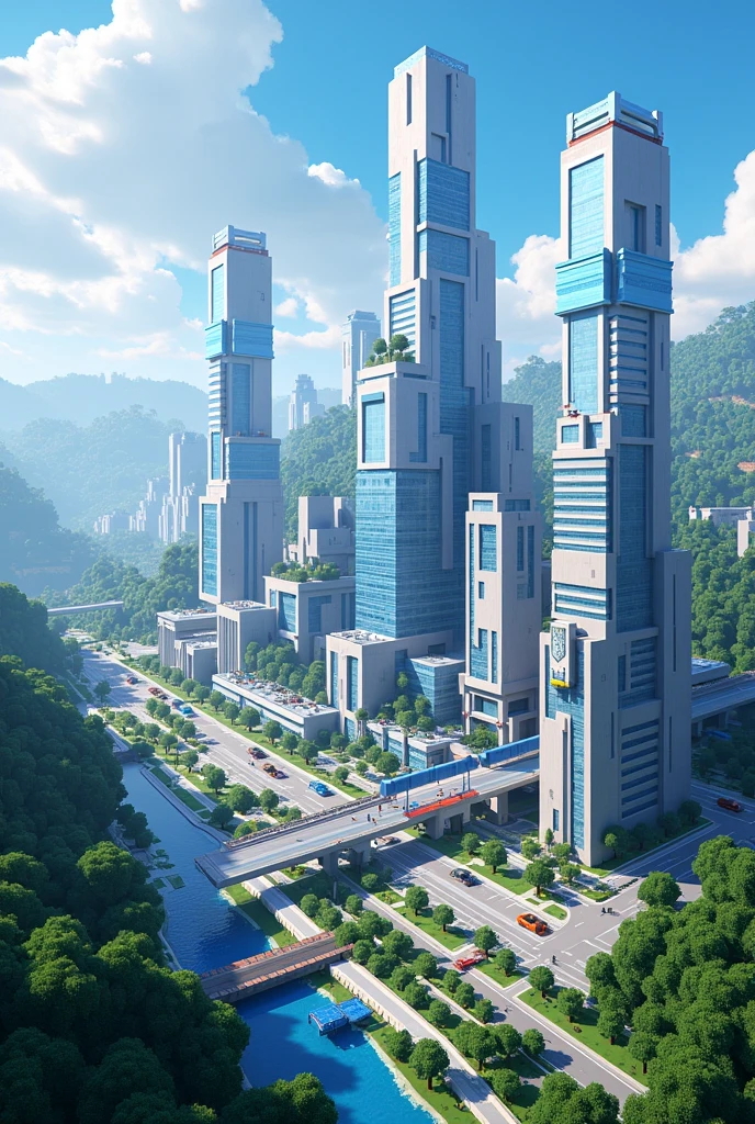 Create me an architectural image of a modern city in Minecraft
