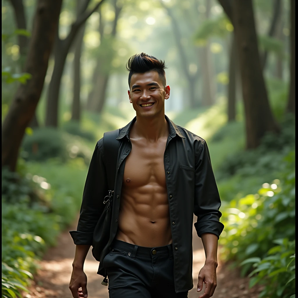 generate a master photograph describing a shapely Man, a peaceful forest scene with tall trees and dappled sunlight filtering through the leaves, (8K, best quality), he has a physique like Jun Shison, long sleeves,  smile, brown hair, black hair, (hard chest, six pack, v cut), half body, walking along a forest path with a relaxed and content expression, wearing comfortable hiking clothes and carrying a small backpack, (He has sexy buttocks, Most sexy booty, Most sexy glutes), Manly, Mancore, (He has fit hips, sexy hips, sexy fit hips, extremely sexy hips), (asian skin, glistening skin, beautiful complexion), shot on Fujifilm superia, (Studio soft light, high detail, cinematic lighting, rim lighting), Style: (hyperrealistic, by DynastySeries FashionNova, photo, {{{masterpiece photography}}}, analog photograph, professional fashion photoshoot, trending on artstation, synthwave, krrrsty), Quality: (photographed, masterpiece, highest resolution), Definition: (highres, sharp focus, 8k uhd, ultra photo-realistic resolution), Film: (80 mm, shot on portra 120, shot on Fujifilm), Resolution: (extremely detailed, (sharp focus:1.5), cinematic lighting, dramatic lighting, ultra photo-realistic), luxury: mohawk hairstyle    