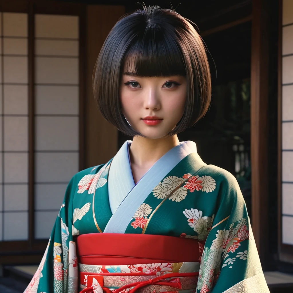 Top Quality, Masterpiece, High Definition, 1girl, Beautiful and Perfect Face, Bob Cut, Japanese Clothing,Kimono, Intricate Details, Cinematic Feel, 8K, Very Detailed  