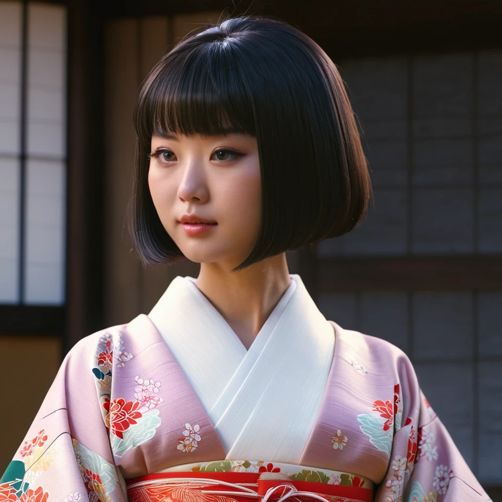 Top Quality, Masterpiece, High Definition, 1girl, Beautiful and Perfect Face, Bob Cut, Japanese Clothing,Kimono, Intricate Details, Cinematic Feel, 8K, Very Detailed  