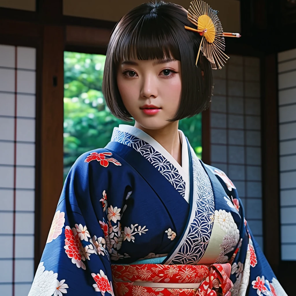 Top Quality, Masterpiece, High Definition, 1girl, Beautiful and Perfect Face, Bob Cut, Japanese Clothing,Kimono, Intricate Details, Cinematic Feel, 8K, Very Detailed