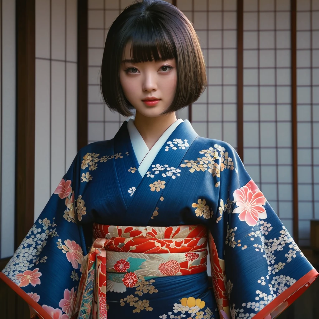 Top Quality, Masterpiece, High Definition, 1girl, Beautiful and Perfect Face, Bob Cut, Japanese Clothing,Kimono, Intricate Details, Cinematic Feel, 8K, Very Detailed