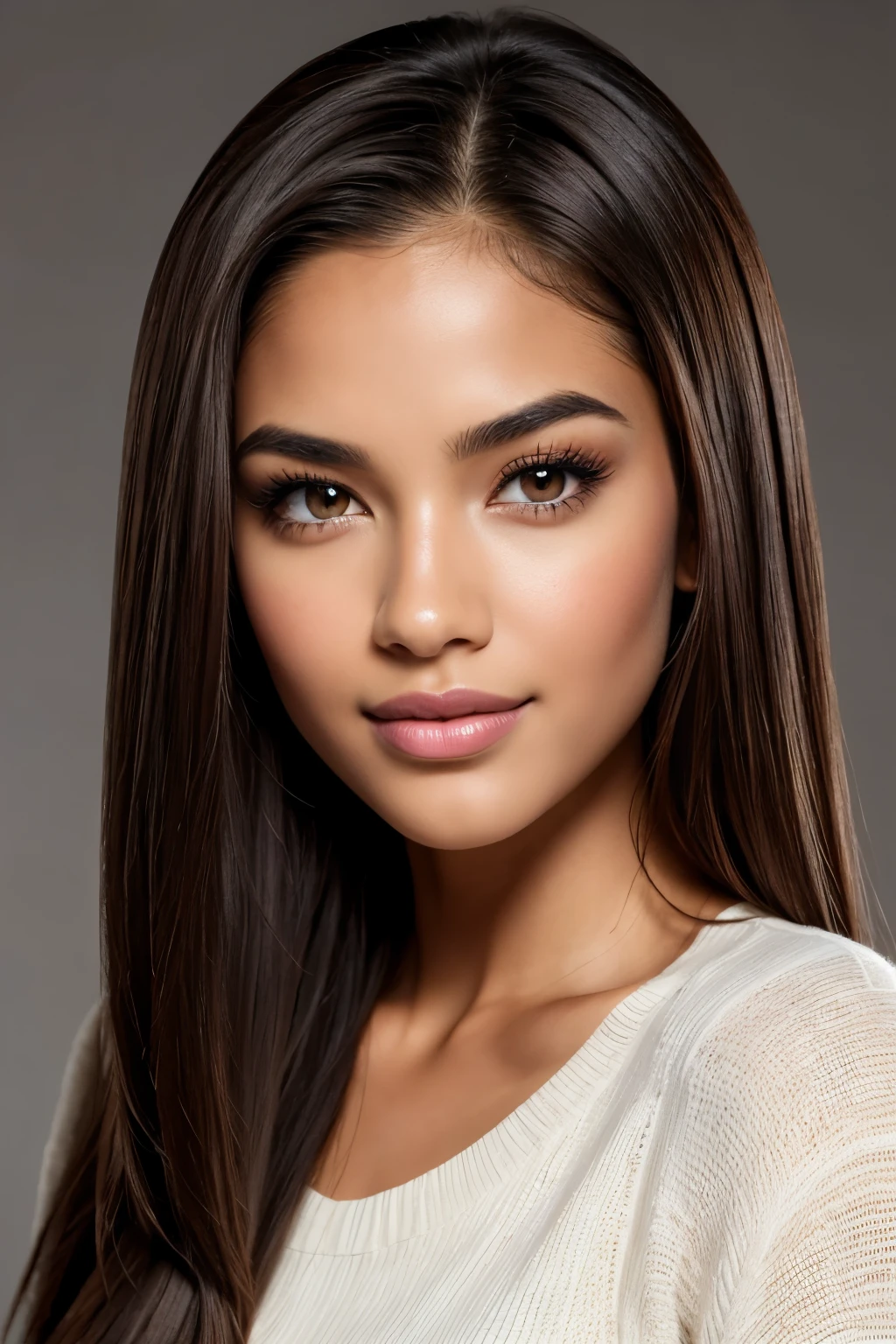 High-quality, professional studio portrait of a woman with a smooth, even-toned complexion and a radiant smile. She has long, straight, dark brown hair that is sleekly styled and parted in the middle. Her facial features include well-defined eyebrows, large expressive brown eyes, a straight nose, and full lips. She has a warm, glowing skin tone and her makeup is natural, enhancing her features without overpowering them. She has a neutral expression. The background is a simple gradient gray, whic