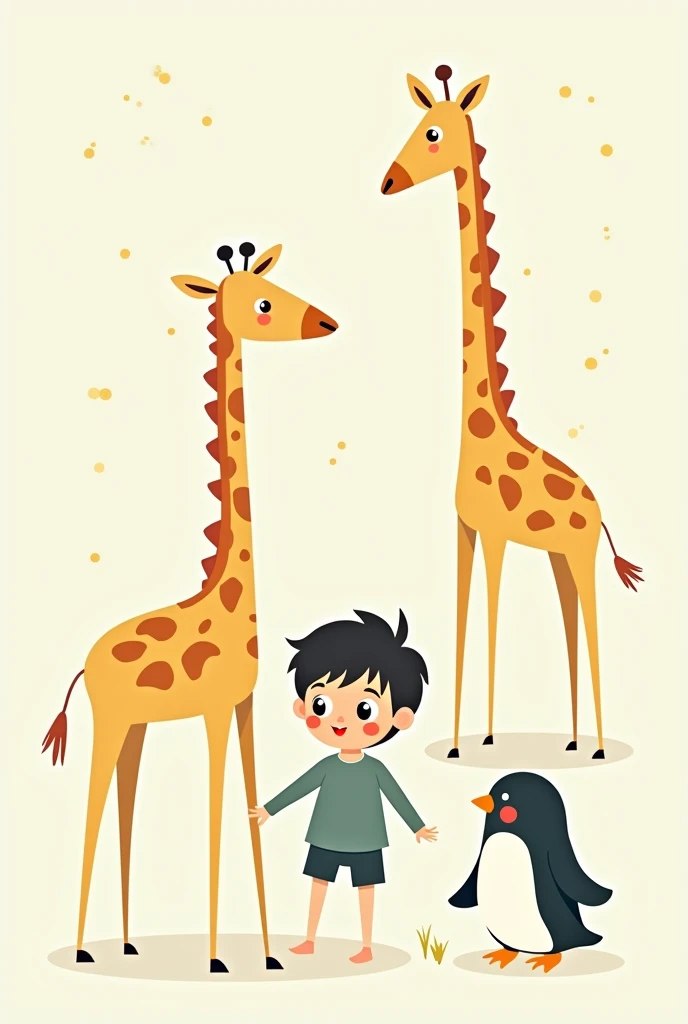 Create a kwai drawing of a child between a giraffe and a penguin.