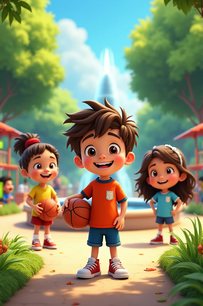 Overview of the park with Tomás and his friends getting ready to play.