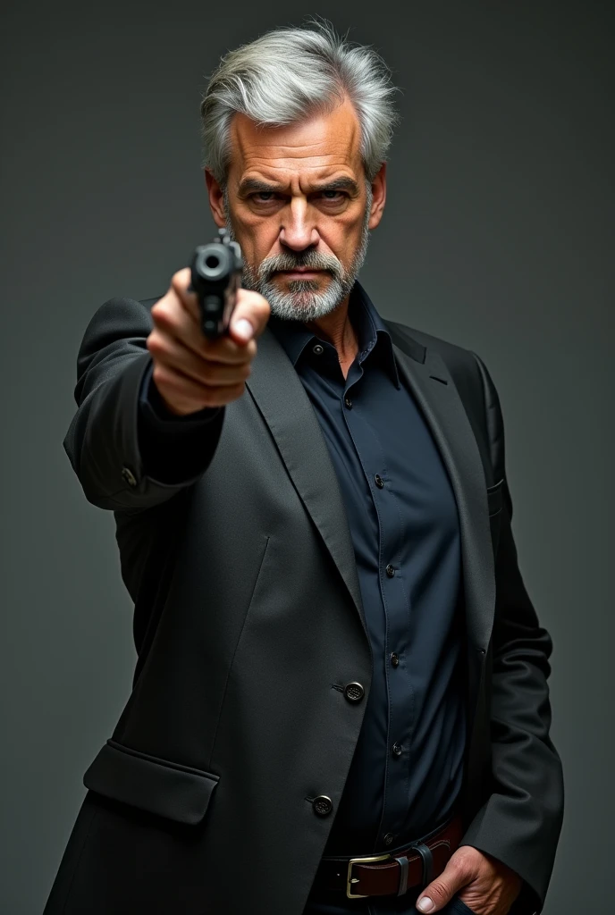 a man with silver gray hair pointing a gun with one arm while the other arm is in his pants pocket
