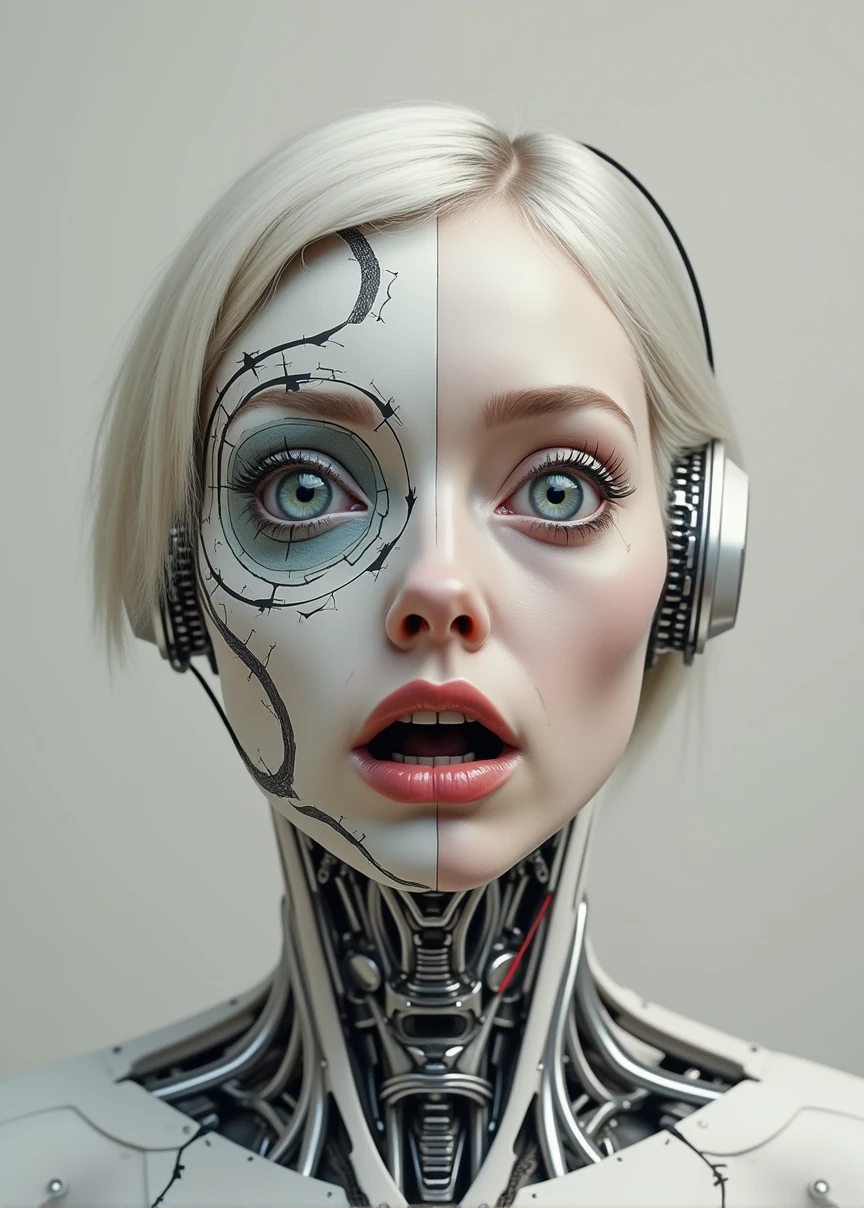 cyborg woman, half robot and half human, right eye is human and is crying, left eye is wide open and is composed of clock arrows, mouth half open, scared expression, front view