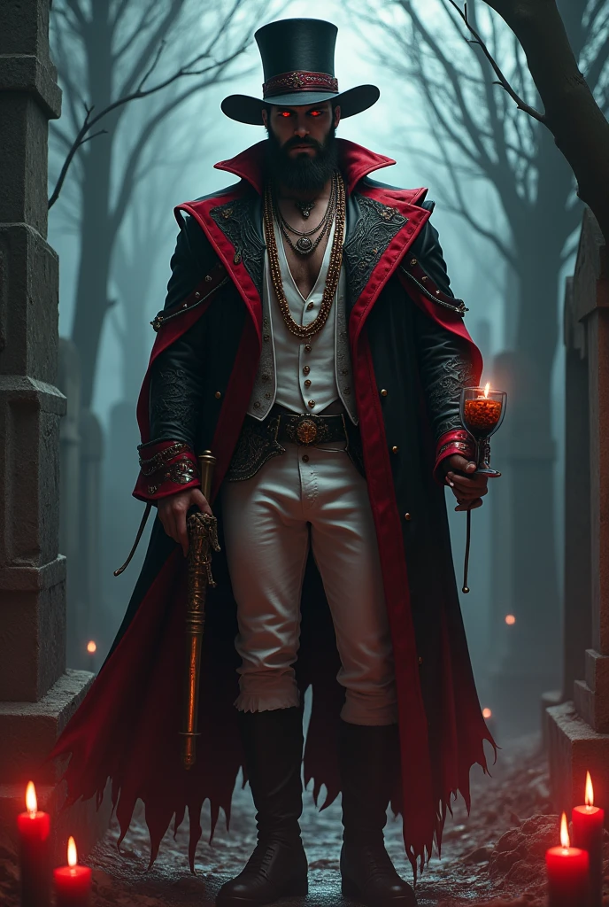 Handsome man with a robust body, barba, by rubio, black and red antique hat, red and black cape, vaso whisky, Cigarettes, cemetery, red and black lit candles, golden stick, Red eyes, melted candles, white vest and pants, lots of red and black necklaces
