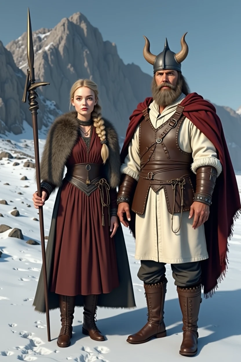 Front view, Standing pose, on ground, Viking Warlord,11th century, (1 boy and 1 girl is existence), (couple Vikings),1 girl ,beautiful Sweden Young girl, 25 years old, (Highly detailed face, Ordinary eyes, Long eyelashes, Tapered eyebrows, gold hair, Variegated eyes, Fuller lips, little Lips),(C cup breasts, slender whist, middle hip), (Viking armor,Viking costume, Seal fur shawl),viking iron helmet with horn, Nordic Beaches ,Dark and foggy, The setting is a snowstorm((Surrealism, UHD, retina, accurate, anatomically correct, textured skin, super detail, high details, best quality, 8k))