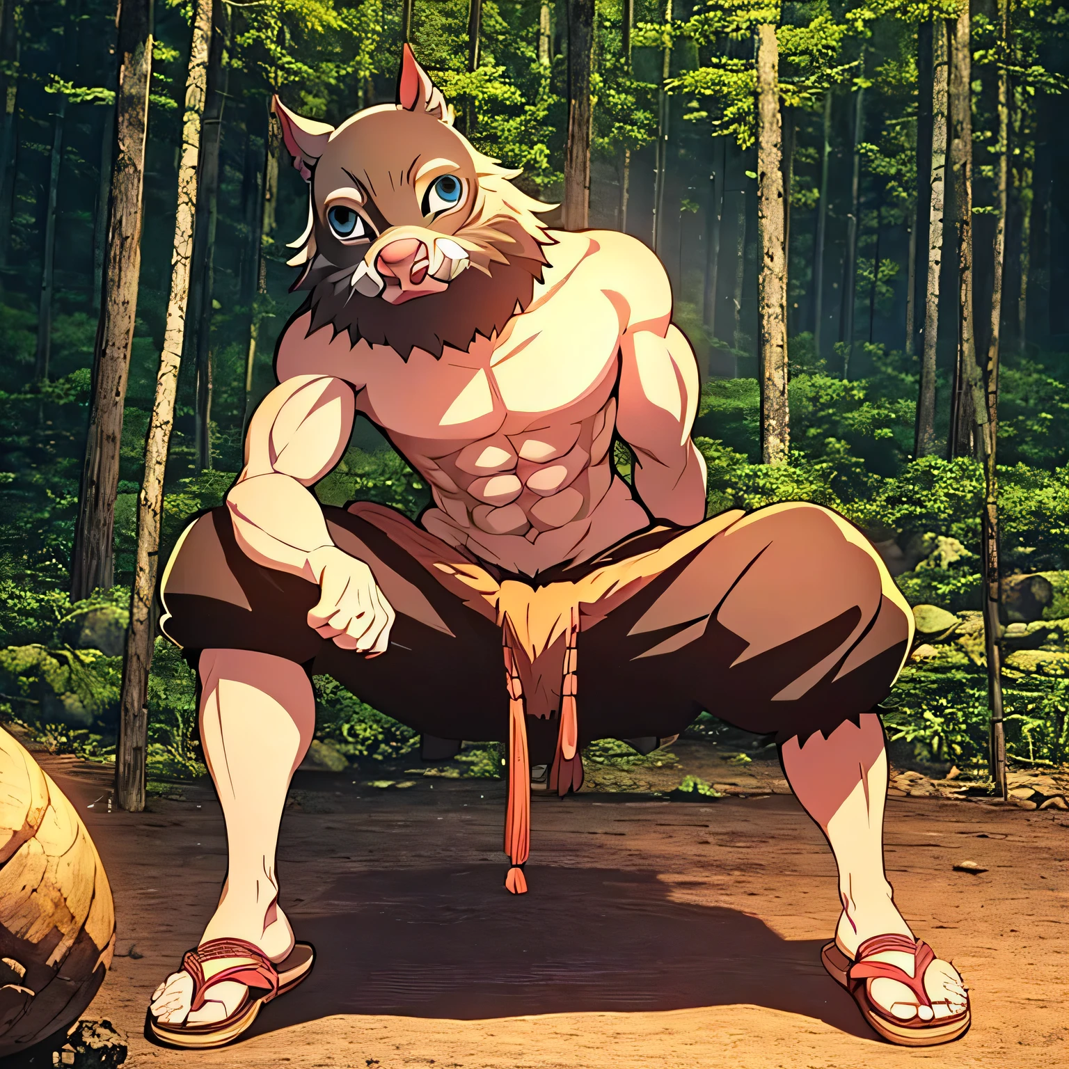 Inosuke_Hashibira in a forest with his feet using sandals showing, detailed eyes, detailed face, detailed anatomy, detailed clothing, highly detailed, photorealistic, 8k, cinematic lighting, dramatic lighting, vibrant colors, fantasy, surreal