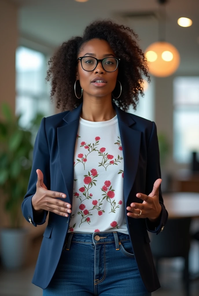 A black Brazilian woman speaking at a Google sales office,  wearing a white floral pattern t-shirt, wearing a dark blue suit, jeans and white sneakers, wearing prescription glasses and in a close-up showing her natural charm and serious personality 