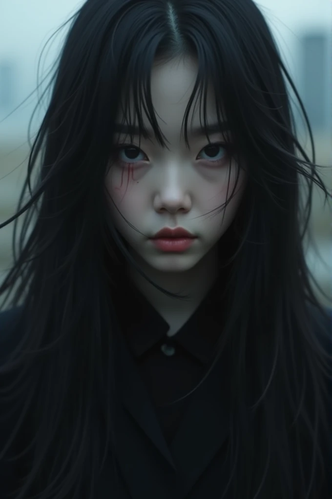 A Korean, with long hair, slanted eyes, with a piercing in the mouth