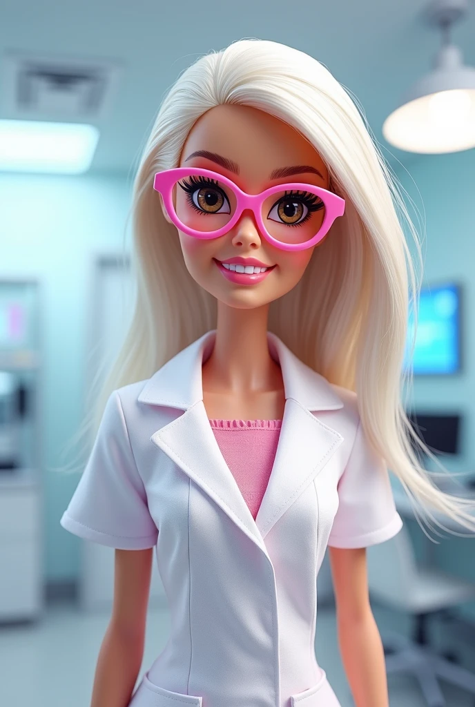 Image of the Barbie Caricature a Barbie Dermatologist brown eyes white hair combed a bow pink glasses