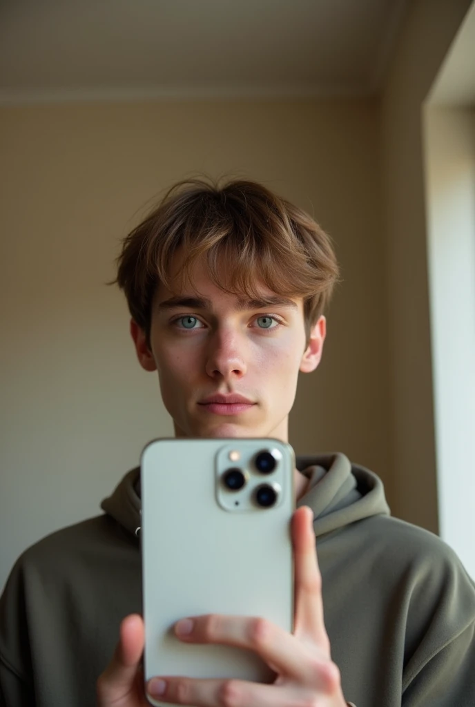Photograph in front of the mirror of a 22-year-old white-skinned young man, delgado, face in front of mirror with his white iPhone 10 in casual clothes in a neutral room with brown hair, straight , nothing wavy, no asian
