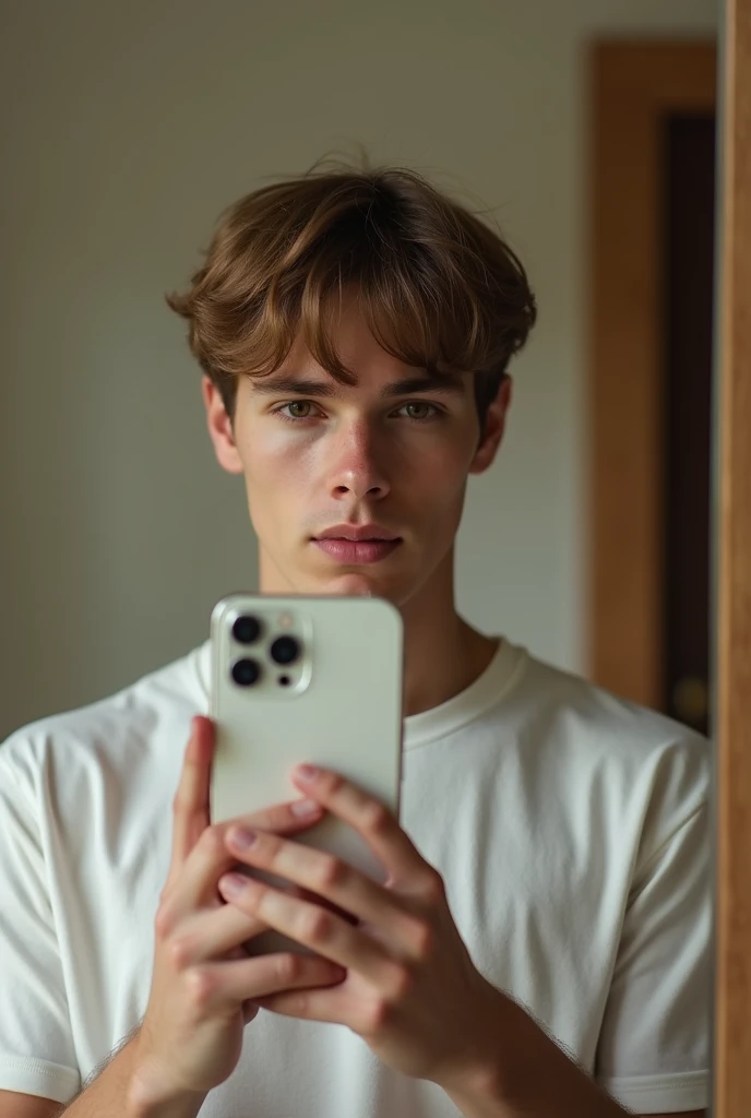 Photograph in front of the mirror of a 22-year-old white-skinned young man, delgado, face in front of mirror with his white iPhone 10 in casual clothes in a neutral room with brown hair, straight , nothing wavy, no asian