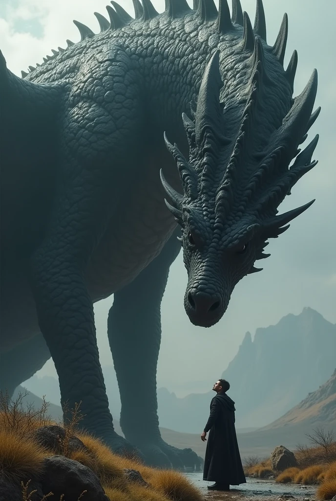 A man looking lovingly a serious massive black dragon