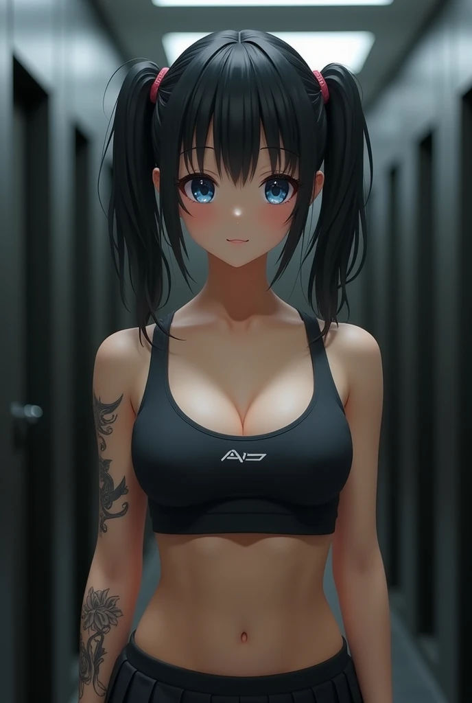 Very short Japanese yandere girl, detailed face and eyes, looking at viewer, masterpiece, best quality, shallow depth of field, 8K HDR, huge breasts, 85mm photo, shallow depth of field, tack sharp, 18 years old, pig tails hairstyle, black hair, blue eye, short 4’8” height, (wearing sports bra and pleated skirt:1.4), (dark lighting:1.1), (arm tattoos:1.7) very large perky breast, (narrow hips:1.5), broad shoulders, (chiselled 8-pack abs:1.9), washboard abs, muscular ass, gymnast physique, muscular legs, gorgeous, standing in changing room, wearing make up