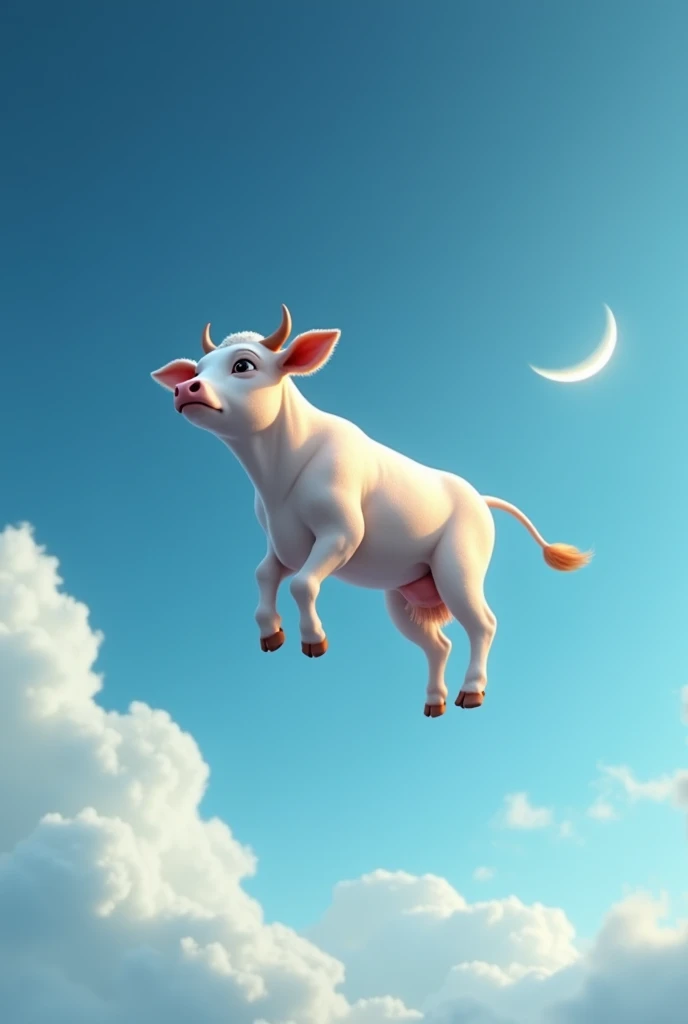 Flying cow without wings going throgh the blue sky with moon behind