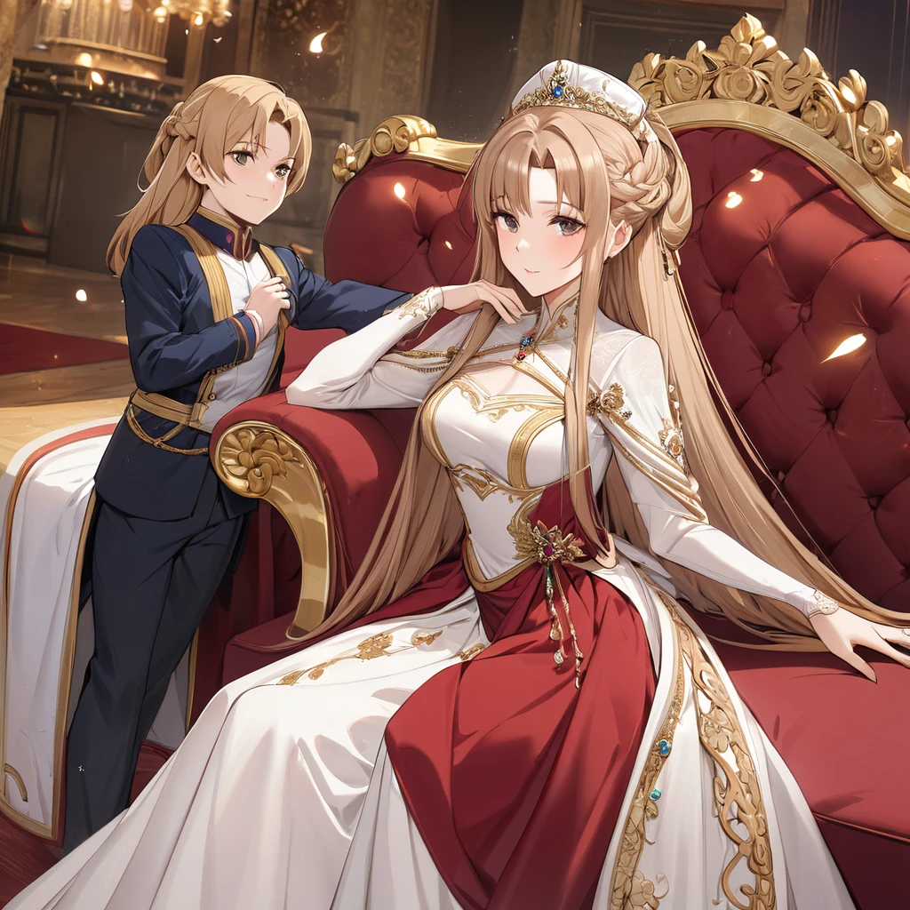 ((Highest quality)), ((masterpiece)), (detailed), (Perfect Face)、The woman is Yuuki Asuna, a Russian with light brown, medium-long hair, an elegant, graceful, beautiful Russian noblewoman, a good wife and mother, and the Empress of the Great Russian Empire.、The woman is beautifully dressed in the gorgeous and glittering gold-colored Russian court dress of an ancient Russian empress, with gorgeous accessories, and a beautiful and luxurious kokoshnik.、The woman came of age in style on a luxurious sofa in the palace.1Holding her 8-year-old son