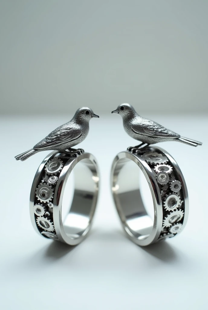 Two silver rings created with cutting-edge technology, with gears representing a bird and a cage.