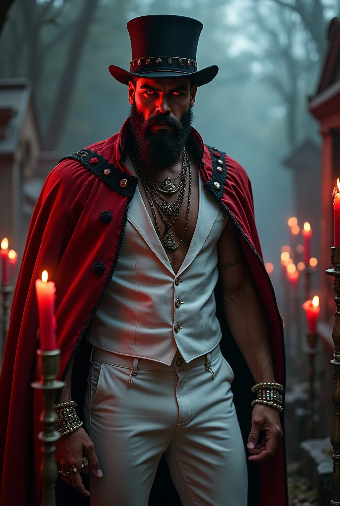 Handsome man with a robust body, barba, by rubio, black and red antique hat, red and black cape, vaso whisky, Cigarettes, cemetery, red and black lit candles, golden stick, Red eyes, melted candles, white vest and pants, lots of red and black necklaces