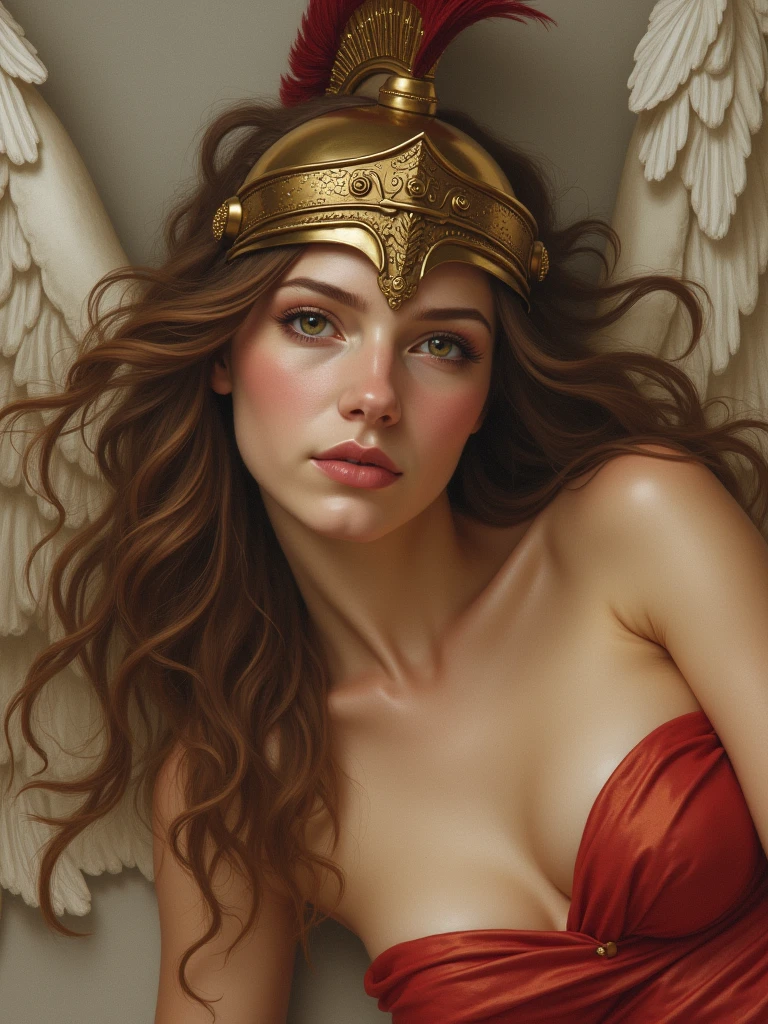 classic nude painting of the warrior goddess Athena, a divine woman with brown hair and gray eyes, her face exuding nobility. She is wearing red armor and a Greek helmet, lying face down in angel pose and barefoot. Her barefeet are up.